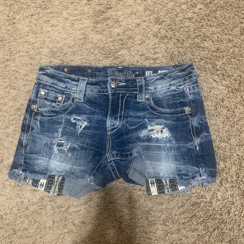 Miss Me Blue Distressed Denim Shorts with Fringe Trim